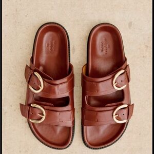 Sezane Brown Leather Double-Buckle Slide Sandals